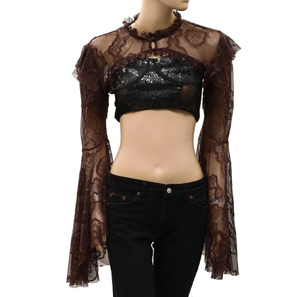 Free People Willow Lace Bolero Shrug Cropped Top Floral Lace Ruffle XS/S 290732